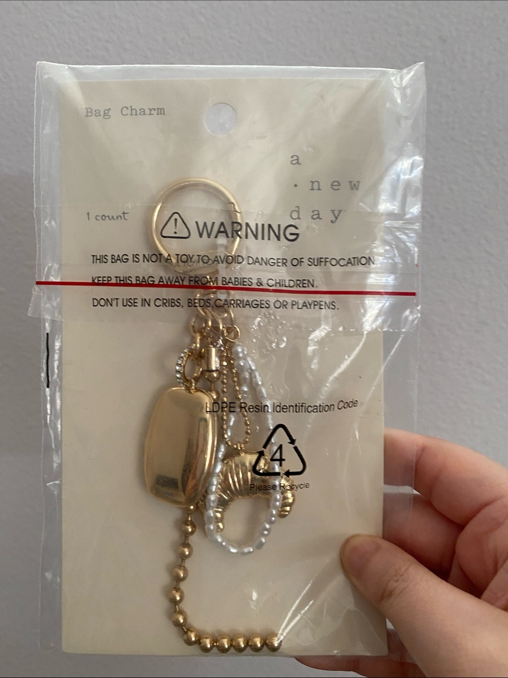 a new day Gold and Pearl Accent Bag Charm Keyring